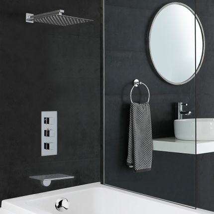 Kit de douche thermostatique - Pommeau carré 30 cm – Bec verseur baignoire – Chromé - Kubix