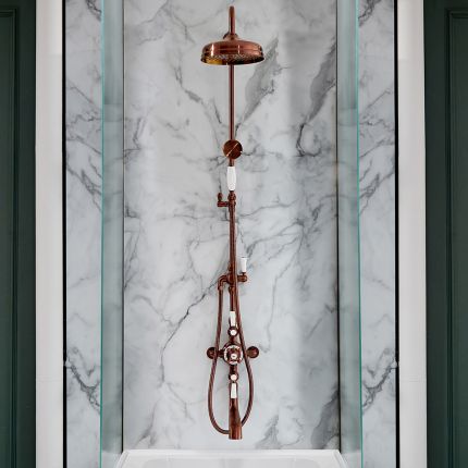 Hudson Reed Elizabeth - Colonne de douche rétro - 3 fonctions - Avec mitigeur thermostatique exposé, bec verseur, pommeau & douchette - Cuivre satiné 