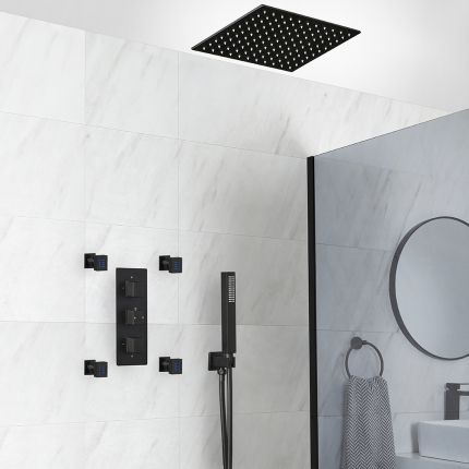 Kit de douche thermostatique avec inverseur, pommeau encastrable, kit douchette et buses hydromassantes – Noir mat – 3 fonctions – Preto