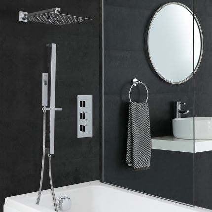 Kit de douche thermostatique avec inverseur – Pommeau de 30 cm – Kit douchette sur rampe – Remplissage et vidage baignoire – Chromé - Kubix