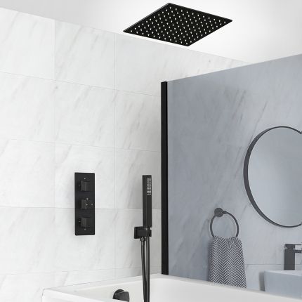 Kit bain douche thermostatique avec inverseur, pommeau encastrable, kit douchette et vidage remplissage baignoire – Noir mat – 3 fonctions – Preto