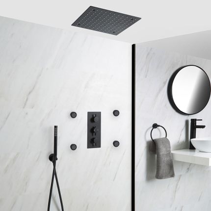 Kit de douche thermostatique avec mitigeur avec inverseur, pommeau encastré, douchette et buses hydromassantes – 3 fonctions – Noir – Nox