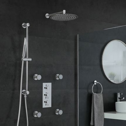 Kit de douche thermostatique avec inverseur – Pommeau rond Ø 30 cm – Buses hydromassantes – Kit douchette sur rampe – Chromé - Como