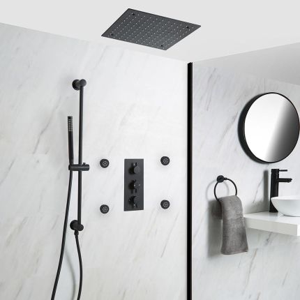 Kit de douche thermostatique avec mitigeur, pommeau encastré, buses hydromassantes et kit douchette sur rampe – Noir - Nox