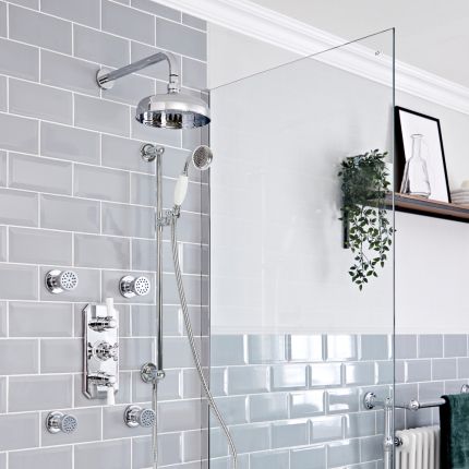 Kit de douche thermostatique à 3 fonctions avec inverseur - Pommeau de douche Ø 20 cm, buses hydromassantes et kit douchette sur rampe – Chromé et blanc - Elizabeth