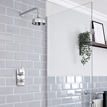 Kit de douche thermostatique 1 fonction - Pommeau rond Ø 15 cm - Bras mural – Chromé et blanc - Elizabeth