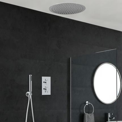 Kit de Douche Thermostatique Encastrable Pommeau Plafond Ø 40cm & Douchette Design Rond