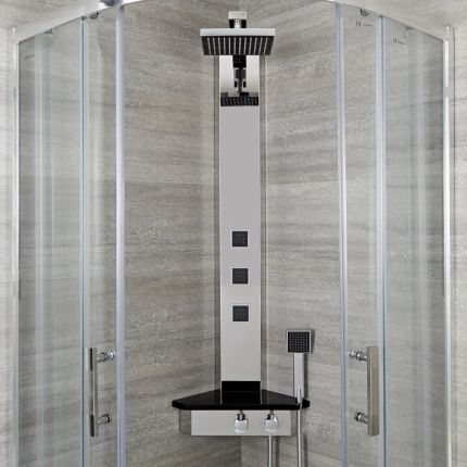Colonne de douche thermostatique d’angle avec pommeau, douchette, buses hydromassantes et étagère – Chromé et noir - Earby
