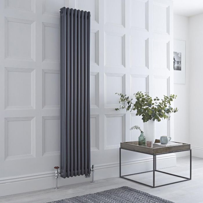 Radiateur mixte vertical style fonte – Anthracite – 180 cm x 38 cm – Triple rangs – Choix de robinets et de thermostat Wi-Fi - Windsor