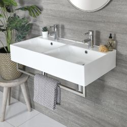 Double vasque suspendue rectangulaire – Blanc – 82 cm x 42 cm – Porte-serviettes chromé – Sandford