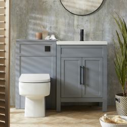 Meuble lavabo rétro avec lavabo – 61,5 cm – Gris clair – Avec meuble WC et cuvette à poser Sandford – Choix de poignées – Warwick