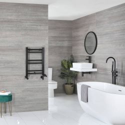 Sèche-serviettes mixte plat - Noir mat - 60 cm x 40 cm - Avec élément électrique de 200W, robinets de radiateur et adaptateur - Nox