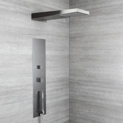 Colonne de douche thermostatique encastrée avec pommeau cascade, douchette et buses hydromassantes – Gris métallisé - Ryukyu