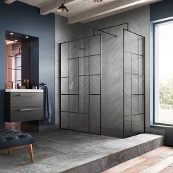 Douche italienne d’angle au design abstrait – Avec receveur à effet texturé – Noir – Choix de tailles et paroi de retour en option