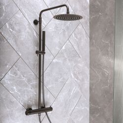 Colonne de douche thermostatique avec pommeau rond et douchette - Nickel noir - Otto