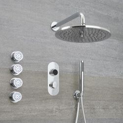 Douche Digitale Thermostatique 3 Fonctions - Pommeau Douche Plafond Ø 30cm sur Bras 32cm - Douchette & 4 Jets Hydromassants - Narus