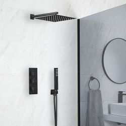 Kit de douche thermostatique avec pommeau de douche et kit douchette – Noir mat – 2 fonctions – Preto
