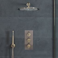 Kit de douche thermostatique encastré avec pommeau et douchette – Laiton brossé - Clarus