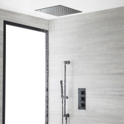Kit de douche thermostatique avec mitigeur, pommeau de douche encastré et kit douchette sur rampe – Noir - Nox