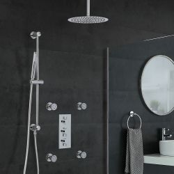 Kit de douche thermostatique avec inverseur – Pommeau rond plafonnier Ø 30 cm – Buses hydromassantes – Kit douchette sur rampe – Chromé - Como
