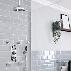 Kit de douche thermostatique à 3 fonctions avec inverseur - Pommeau de douche Ø 20 cm, kit douchette et buses hydromassantes – Chromé et noir - Elizabeth