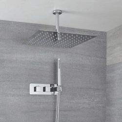 Mitigeur thermostatique avec pommeau de douche plafonnier carré et douchette – Chromé - Kubix