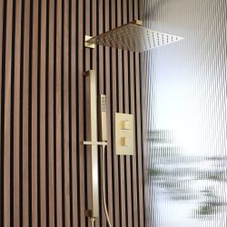 Kit de douche thermostatique avec inverseur, douchette sur rampe et pommeau de douche - 30 cm – 2 fonctions – Or satiné – Lyra