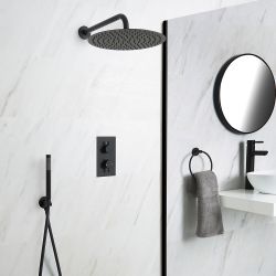 Kit de douche thermostatique avec mitigeur avec inverseur, pommeau rond et douchette – 2 fonctions – Noir - Nox