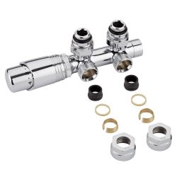 Robinet de radiateur thermostatique d'angle - Chromé – Raccordement central - Adaptateurs cuivre 16mm
