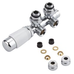 Robinet de radiateur thermostatique d'angle - Blanc & Chrome - Adaptateurs cuivre 12mm