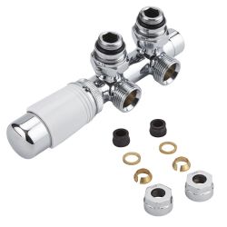 Robinet de radiateur thermostatique d'angle - Blanc & Chrome - Raccordement central - Adaptateurs cuivre 14mm