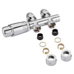 Robinet de radiateur droit thermostatique - Chromé - Raccordement Central - Adaptateurs cuivre 14mm