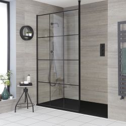Douche italienne moderne avec verrière et receveur à effet texturé – Choix de tailles - Barq