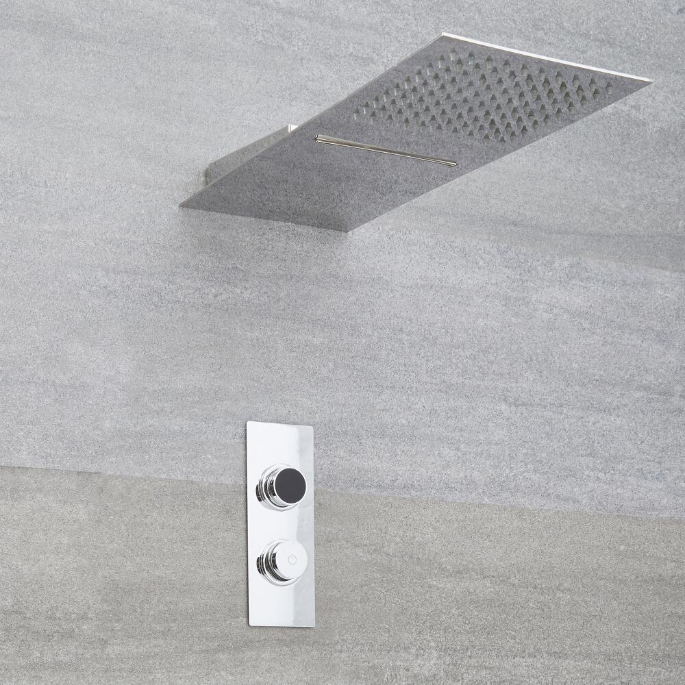 Douche Digitale Thermostatique 2 Fonctions - Pommeau Cascade 20x50cm - Design carré - Narus