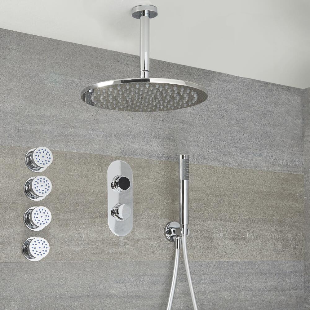 Douche Digitale Thermostatique 3 Fonctions - Pommeau Douche Plafond Ø 30cm sur Bras 15cm - Douchette & 4 Jets Hydromassants - Narus