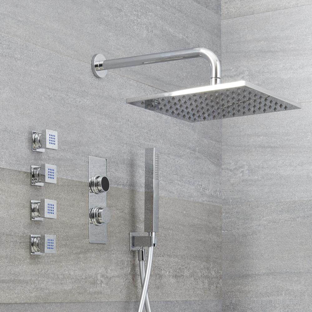 Douche Digitale Thermostatique 3 Fonctions - Pommeau Douche Mural 30x30cm - Douchette & 4 Jets Hydromassants - Narus