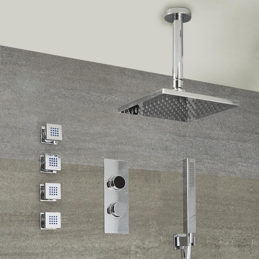 Douche Digitale Thermostatique 3 fonctions - Pommeau Douche Bras au Plafond 40x40cm - Douchette & 4 jets Hydromassants - Narus