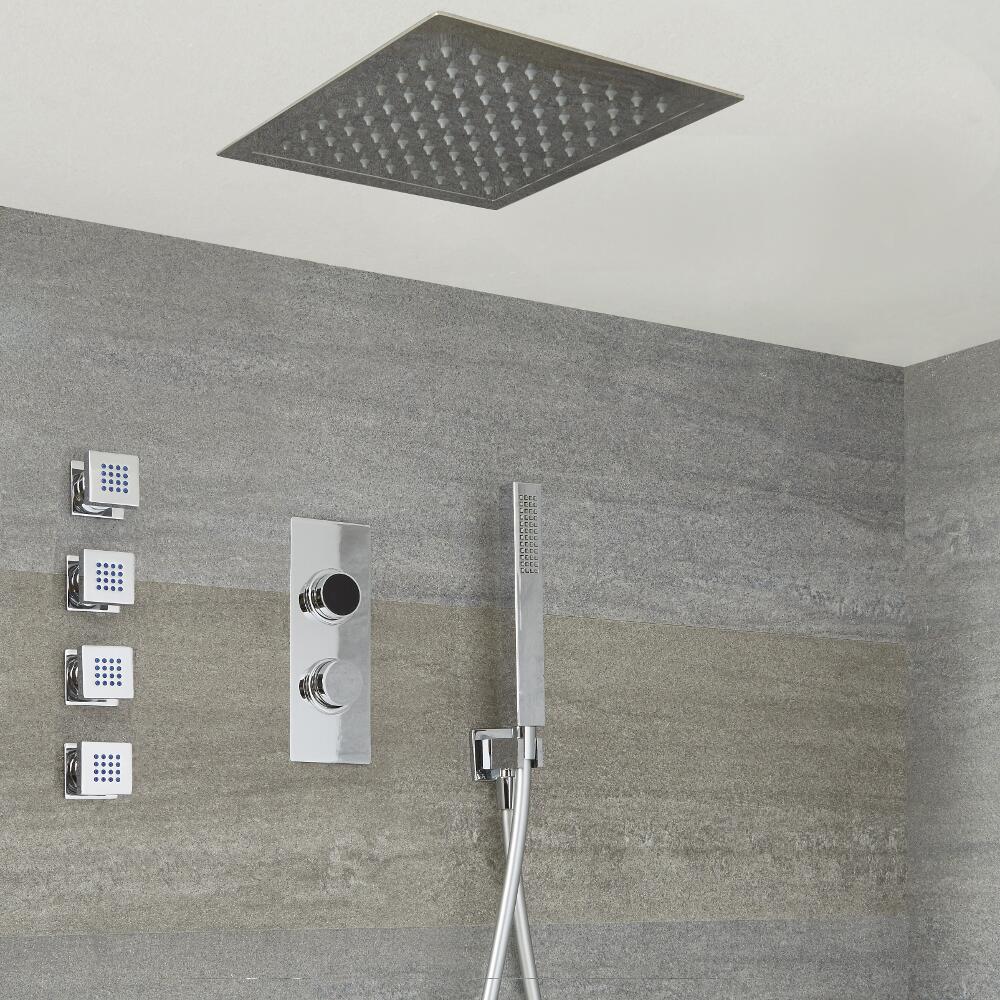 Douche Digitale Thermostatique 3 fonctions - Pommeau Plafonnier 28x28cm Douchette & 4 jets Hydromassants - Narus