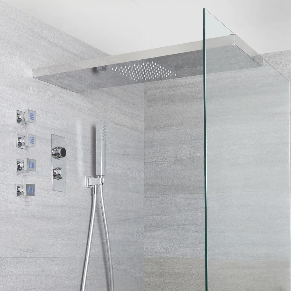 Douche Digitale Thermostatique 3 Fonctions - Pommeau Douche Italienne 25x80cm - Douchette & 4 Jets Hydromassants - Narus