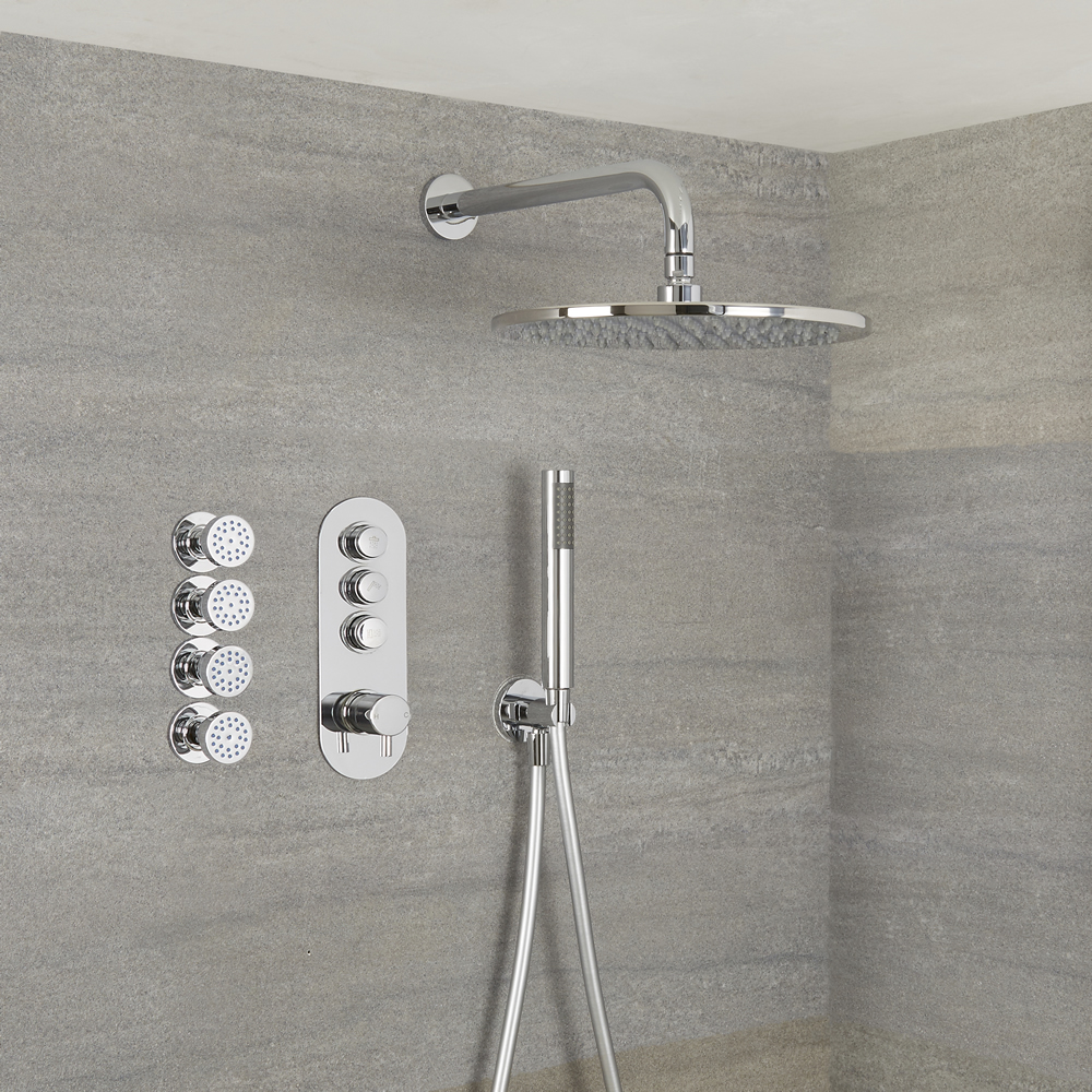 Douche encastrable 3 Fonctions - Douchette sur Clip - Pommeau Mural Ø 30cm & 4 Jets Hydromassants - Idro