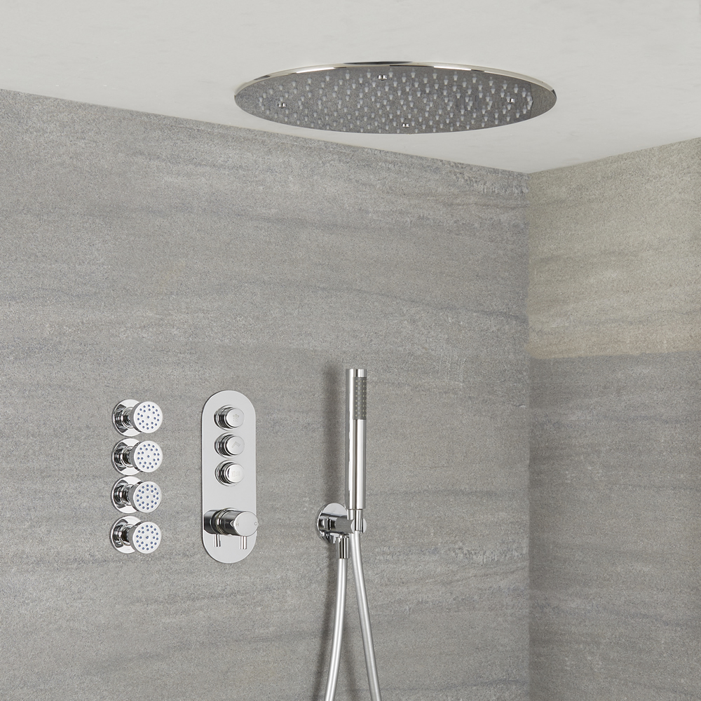 Douche encastrable 3 Fonctions - Douchette sur Clip - Pommeau Plafond Ø 40cm & 4 Jets Hydromassants - Idro