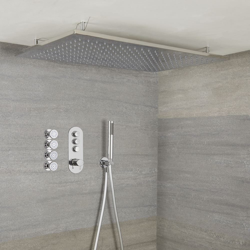 Douche encastrable 3 Fonctions - Douchette sur Clip - Pommeau 80x50cm & 4 Jets Hydromassants - Idro