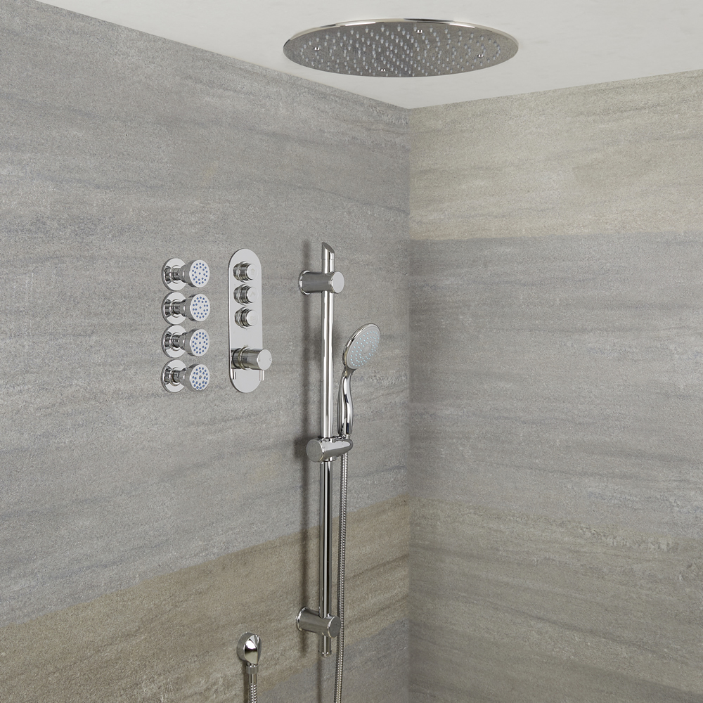 Douche encastrable 3 Fonctions - Douchette sur Rampe - Pommeau Plafonnier Ø 40cm & 4 Jets Hydromassants - Idro