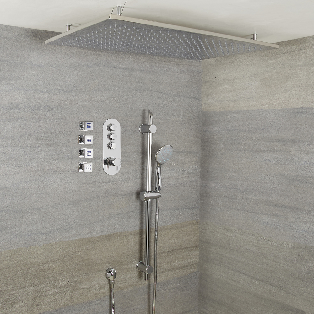 Douche encastrable 3 Fonctions - Douchette sur Rampe - Pommeau Plafonnier 80cm & 4 Jets Hydromassants - Idro
