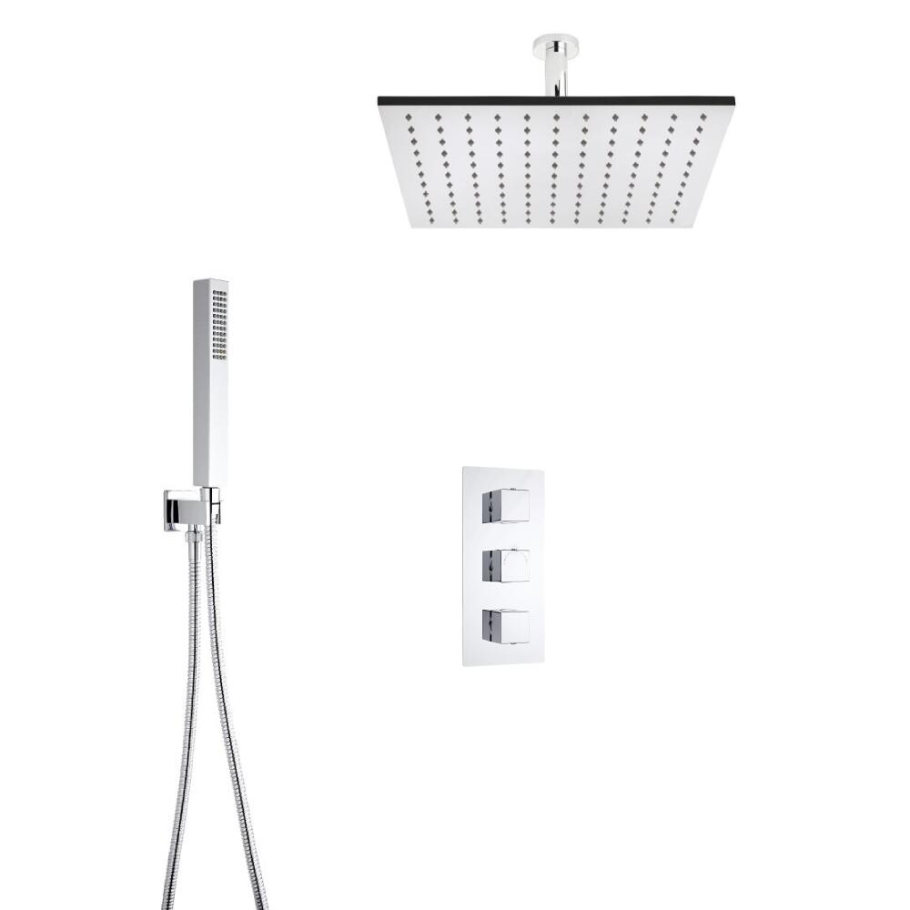 Kit de Douche Thermostatique Encastrable Cubique Pommeau Plafond 40cm & Douchette Fonctions distinctes ou simultanées