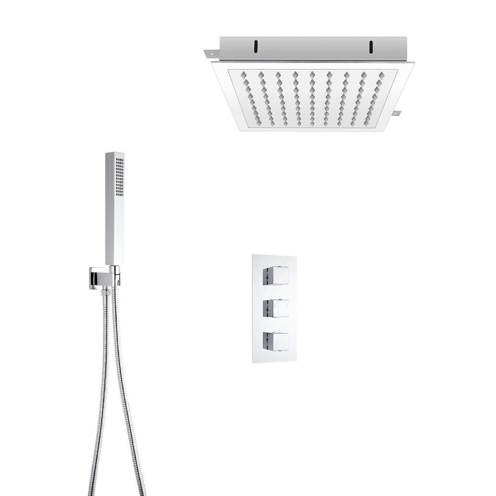 Kit de Douche Thermostatique Encastrable Cubique Pommeau Plafond 28cm & Douchette Fonctions distinctes ou simultanées