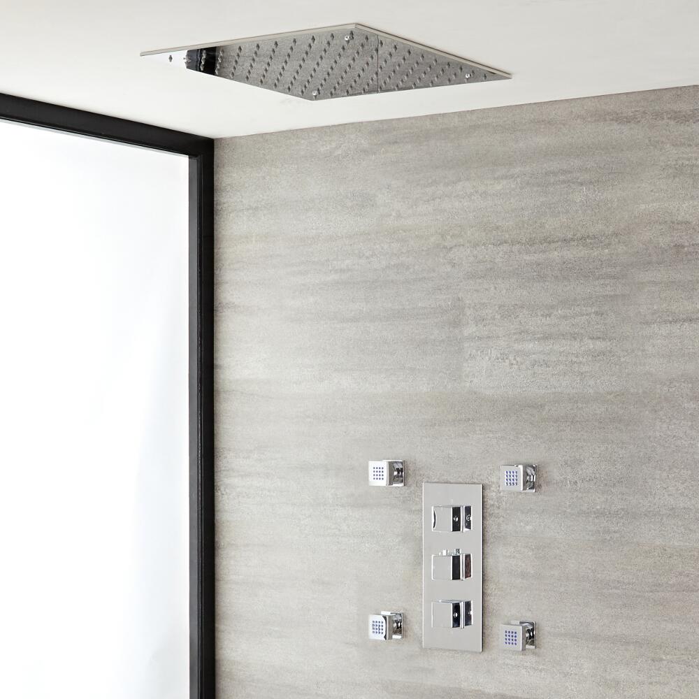 Kit de Douche Thermostatique Encastrable Cubique Pommeau Plafond 40cm & Buses hydromassantes Fonctions distinctes ou simultanées