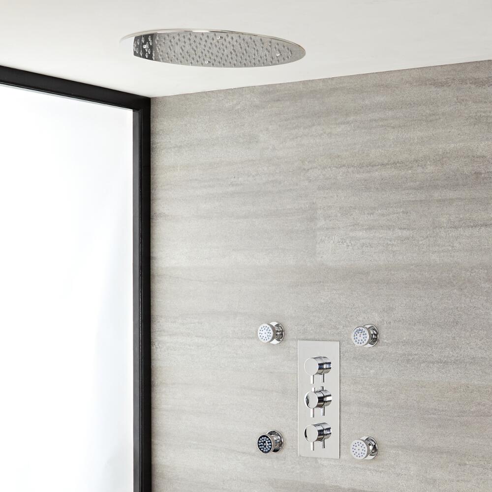 Kit de Douche Thermostatique Encastrable Pommeau Plafond Ø 40cm & Buses hydromassantes Fonctions distinctes ou simultanées