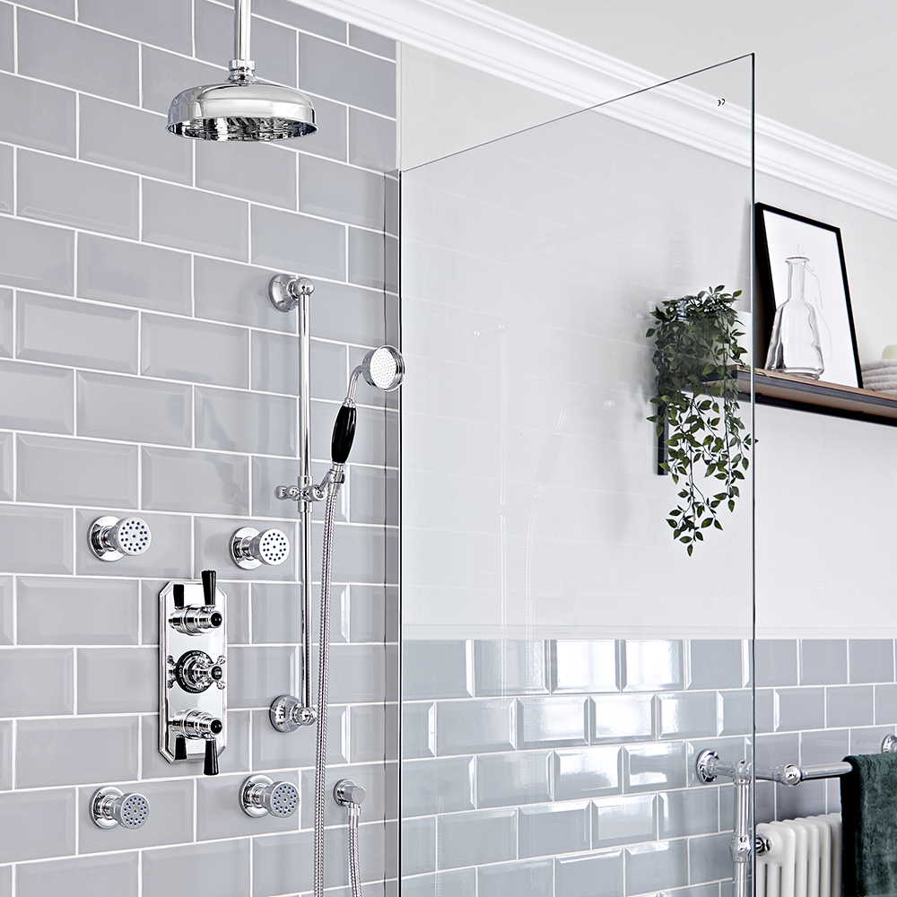 Kit de douche thermostatique à 3 fonctions avec inverseur - Pommeau de douche Ø 20 cm, kit douchette sur rampe et buses hydromassantes – Chromé et noir - Elizabeth