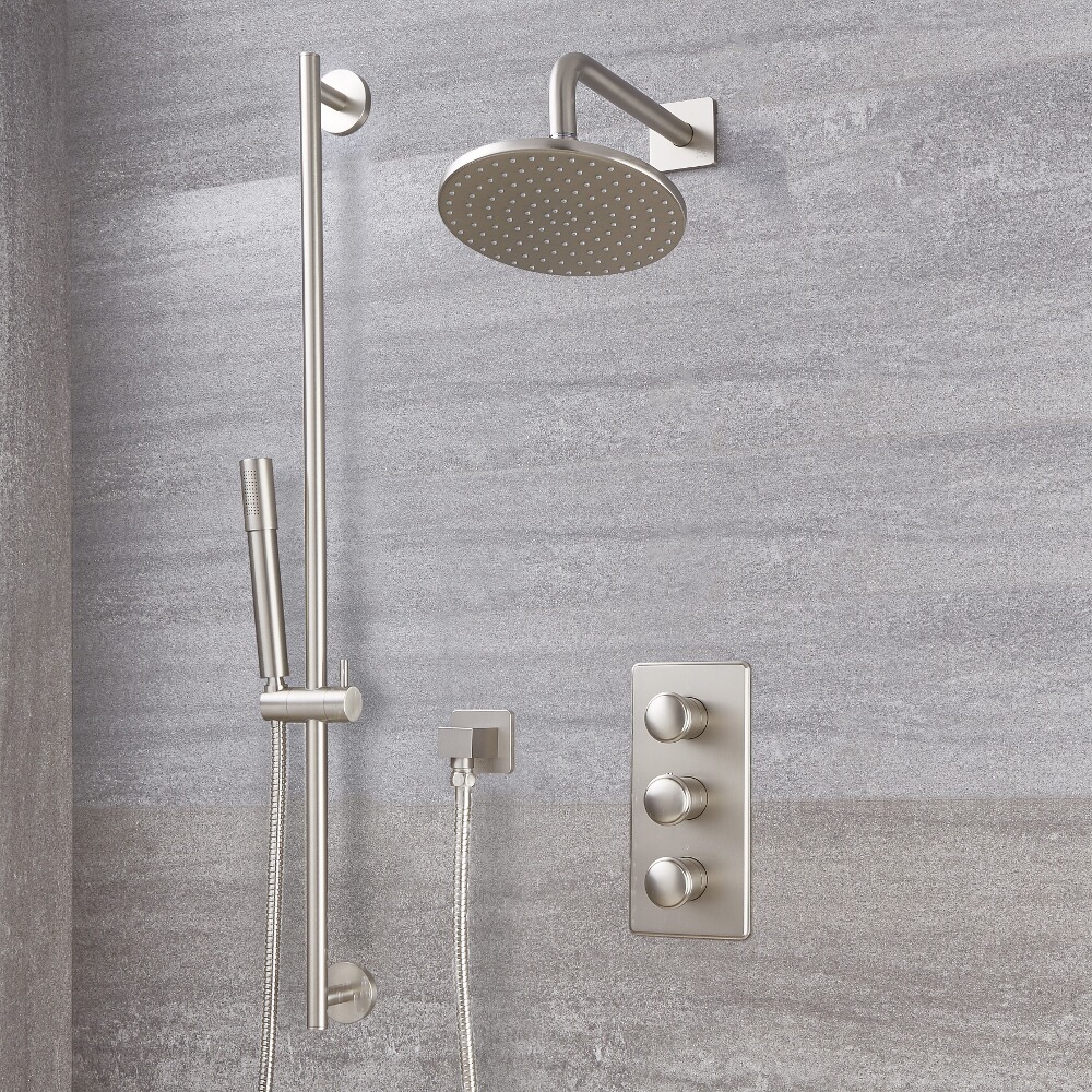 Mitigeur Thermostatique - Pommeau Ø 20cm & Kit Douchette - Aldwick Nickel Brossé